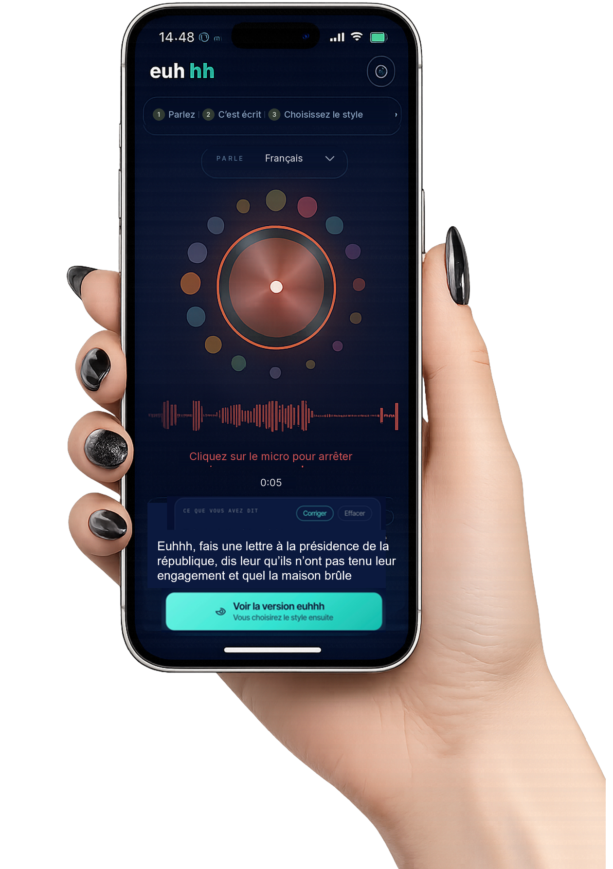 Une main tenant un téléphone, l'application euhhh en cours d'enregistrement